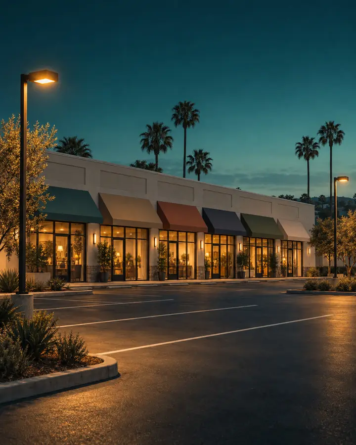 Retail strips at dusk